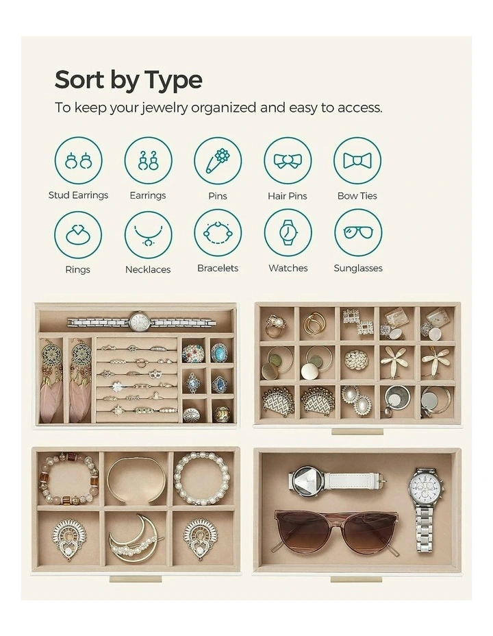 Songmics 4Layer Jewelry Box With 3 Drawers And Glass Lid Cloud In