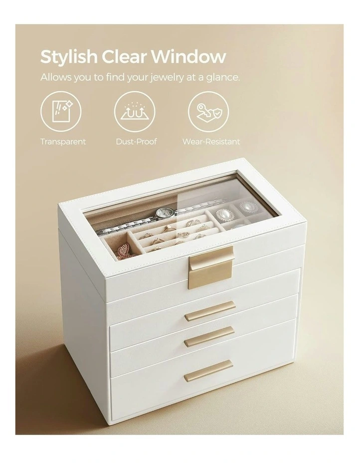 Songmics 4Layer Jewelry Box With 3 Drawers And Glass Lid Cloud In