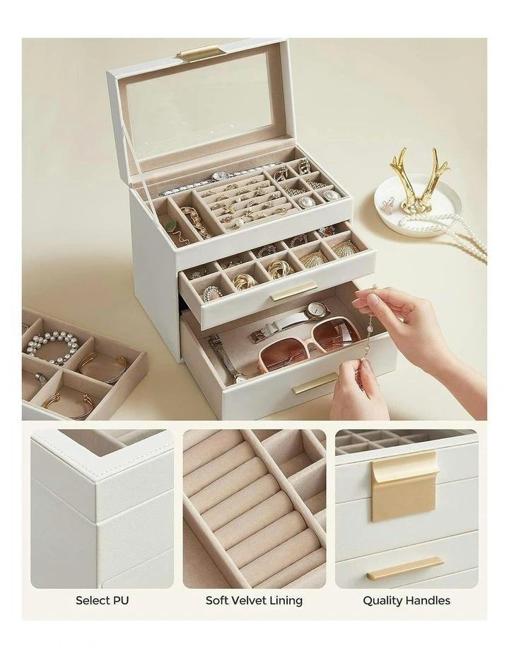 Songmics 4Layer Jewelry Box With 3 Drawers And Glass Lid Cloud In