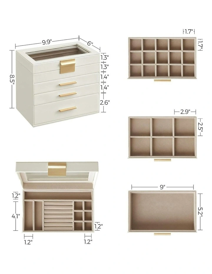 Songmics 4Layer Jewelry Box With 3 Drawers And Glass Lid Cloud In