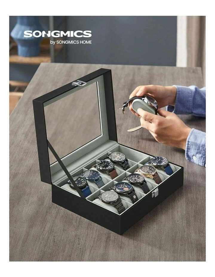Songmics 10 Slot Watch Box With Glass Lid Removable Watch Pillows Case