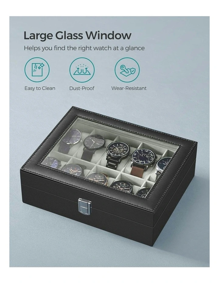 Songmics 10 Slot Watch Box With Glass Lid Removable Watch Pillows Case