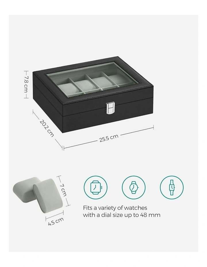 Songmics 10 Slot Watch Box With Glass Lid Removable Watch Pillows Case