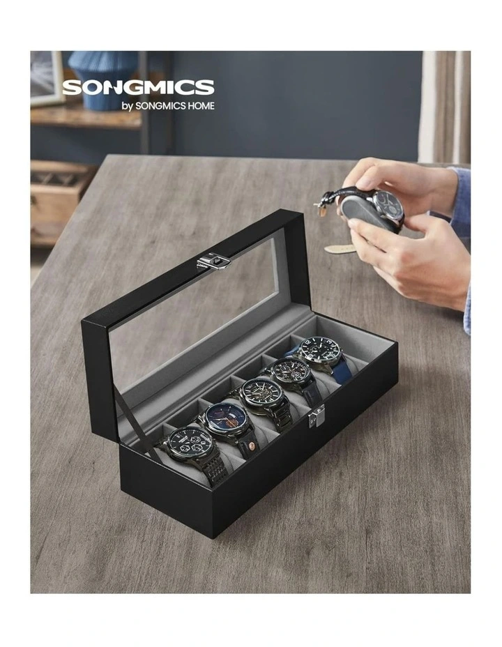 Songmics 6 Slot Watch Box With Glass Lid Removable Watch Pillows Case