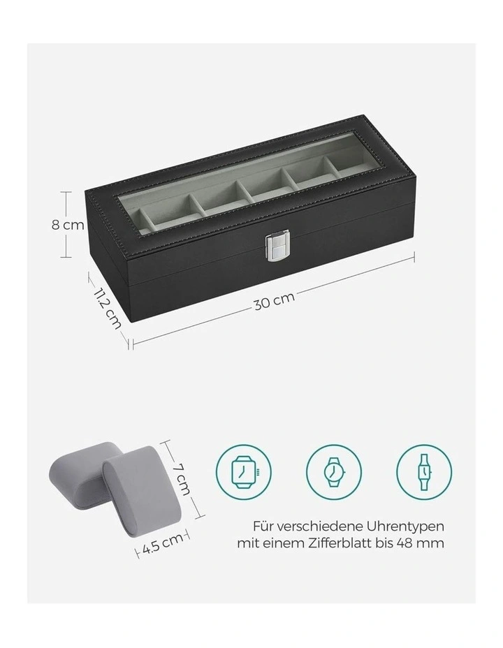Songmics 6 Slot Watch Box With Glass Lid Removable Watch Pillows Case