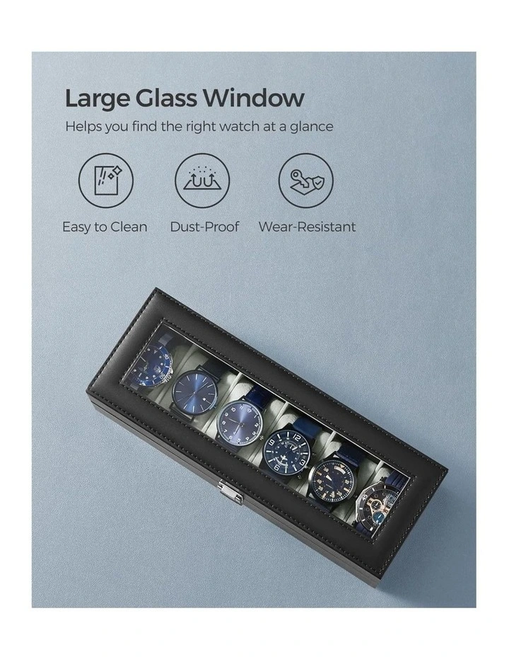 Songmics 6 Slot Watch Box With Glass Lid Removable Watch Pillows Case