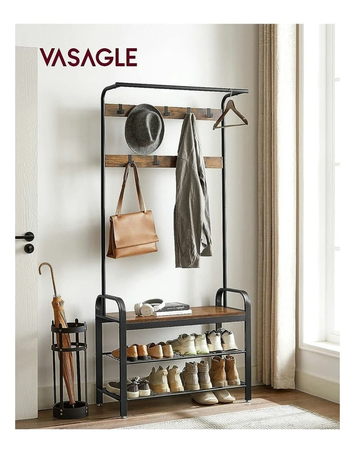 VASAGLE Coat Rack Shoe Bench 9 Removable Hooks Rustic In Brown And
