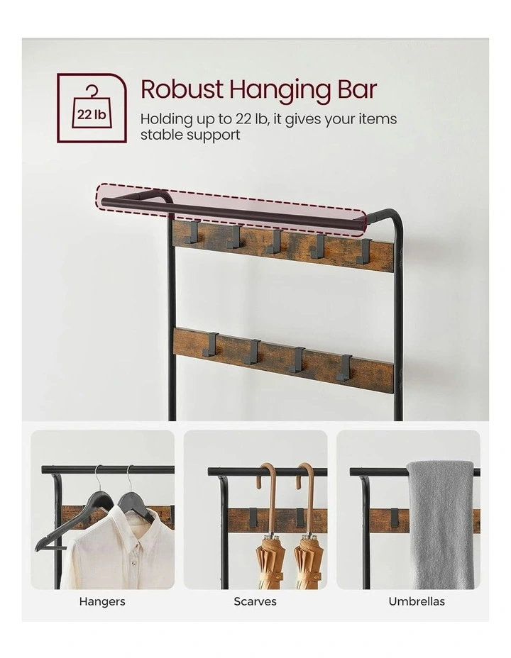 VASAGLE Coat Rack Shoe Bench 9 Removable Hooks Rustic In Brown And
