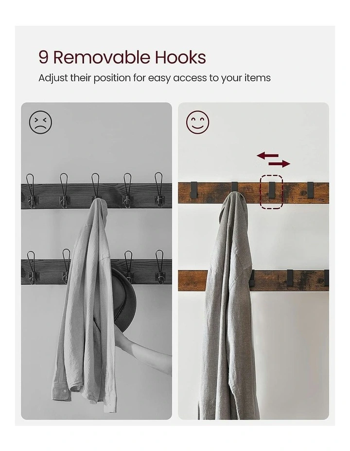 VASAGLE Coat Rack Shoe Bench 9 Removable Hooks Rustic In Brown And