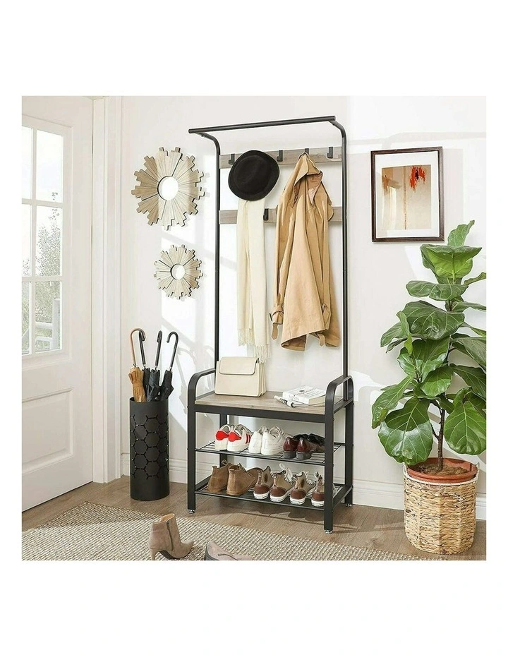 VASAGLE Coat Rack Stand With Bench 183cm In Greige And Black MYER