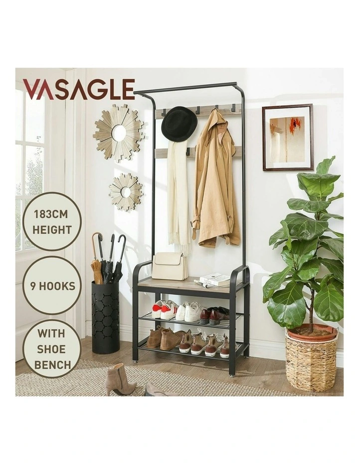 VASAGLE Coat Rack Stand With Bench 183cm In Greige And Black MYER