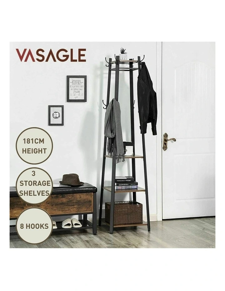 VASAGLE Rustic Coat Rack Stand With 3 Shelves In Brown/Black MYER