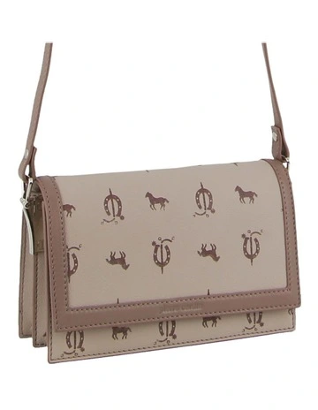 Canvas Print Leather Trim Flap Cross-Body Bag in Beige