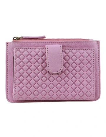 Diamond Pattern Emboss Leather Zip Wallet in Pink