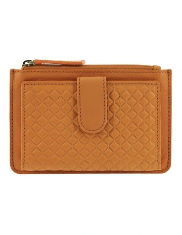 Diamond Pattern Emboss Leather Zip Wallet in Tan