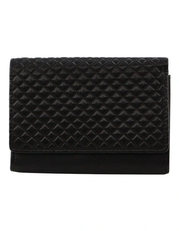 Tri-fold Diamond Pattern Emboss Leather Wallet in Black