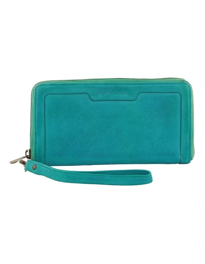 Leather Zip Around Wallet with Wristlet in Turquoise image 1