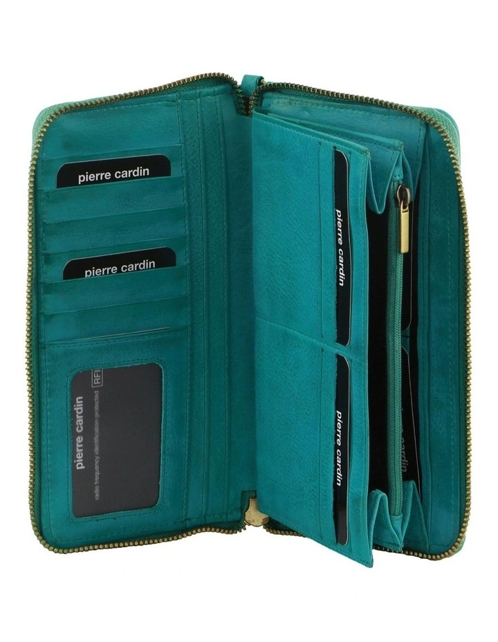 Leather Zip Around Wallet with Wristlet in Turquoise image 2