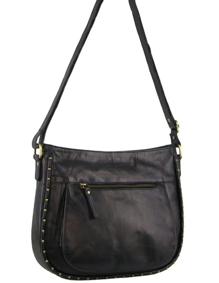 Leather Stud Detail Large Cross Body Bag in Black image 1