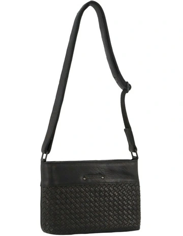 Leather Woven Embossed Cross Body Bag in Black