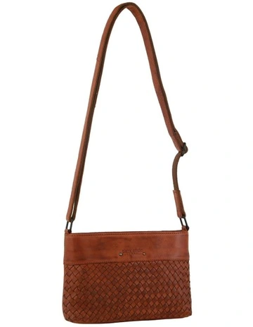 Leather Woven Embossed Cross Body Bag in Cognac
