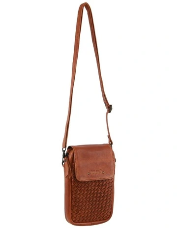 Woven Leather Ladies Phone Bag in Cognac