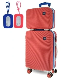 GAP Stripe Hard Shell Cabin Suitcase with Mini Beauty Case Set   Assorted Leather Tag in Coral