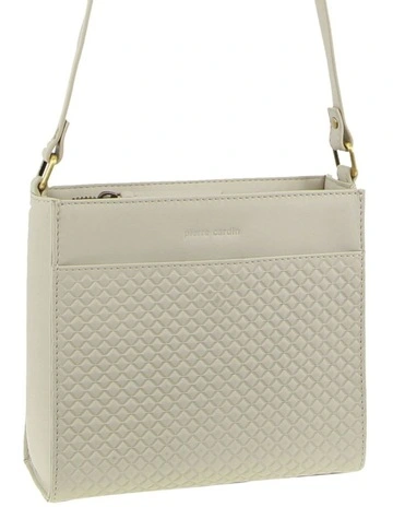 Leather Diamond Pattern Embossed Cross Body Bag in Bone