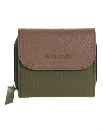 Leather Tri-Fold Tab Wallet in Green-Taupe