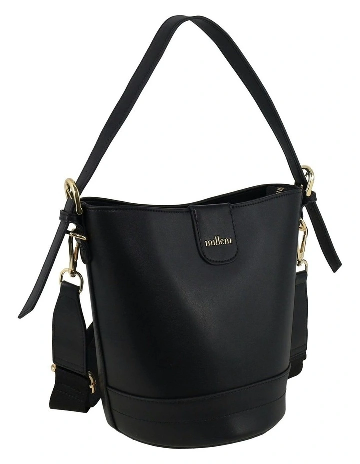Vegan Leather Bucket Crossbody Bag in Black image 2