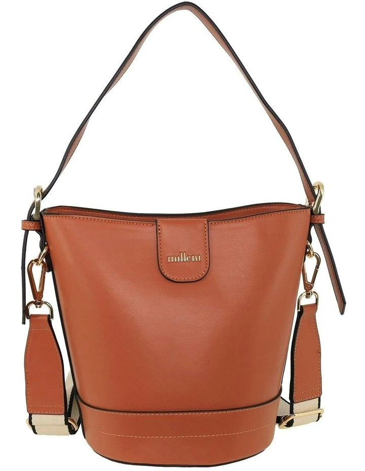 Vegan Leather Bucket Crossbody Bag in Tan image 3