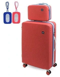 Stripe LARGE Hard Shell with Mini Beauty Case Set   Leather Tag in Coral