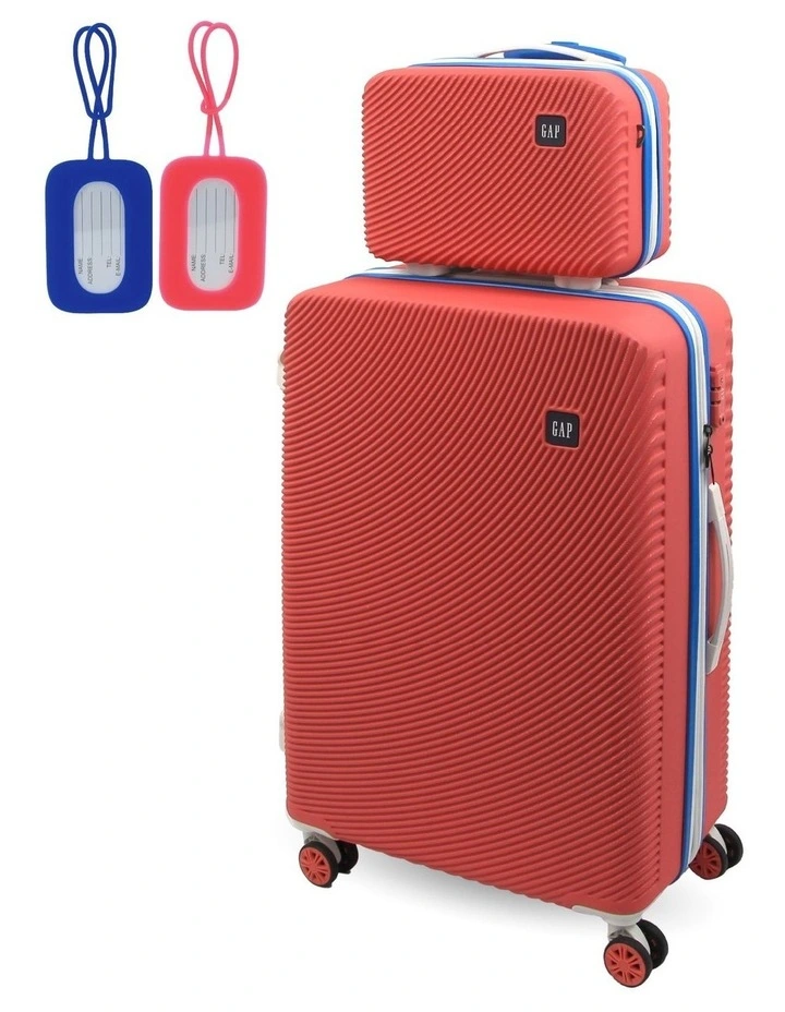 Stripe LARGE Hard Shell with Mini Beauty Case Set   Leather Tag in Coral image 1