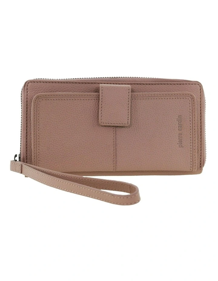 Leather Zip Around Wallet with Wristlet in Pink image 1