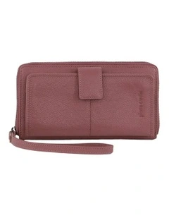 Leather Zip Around Wallet with Wristlet in Rose