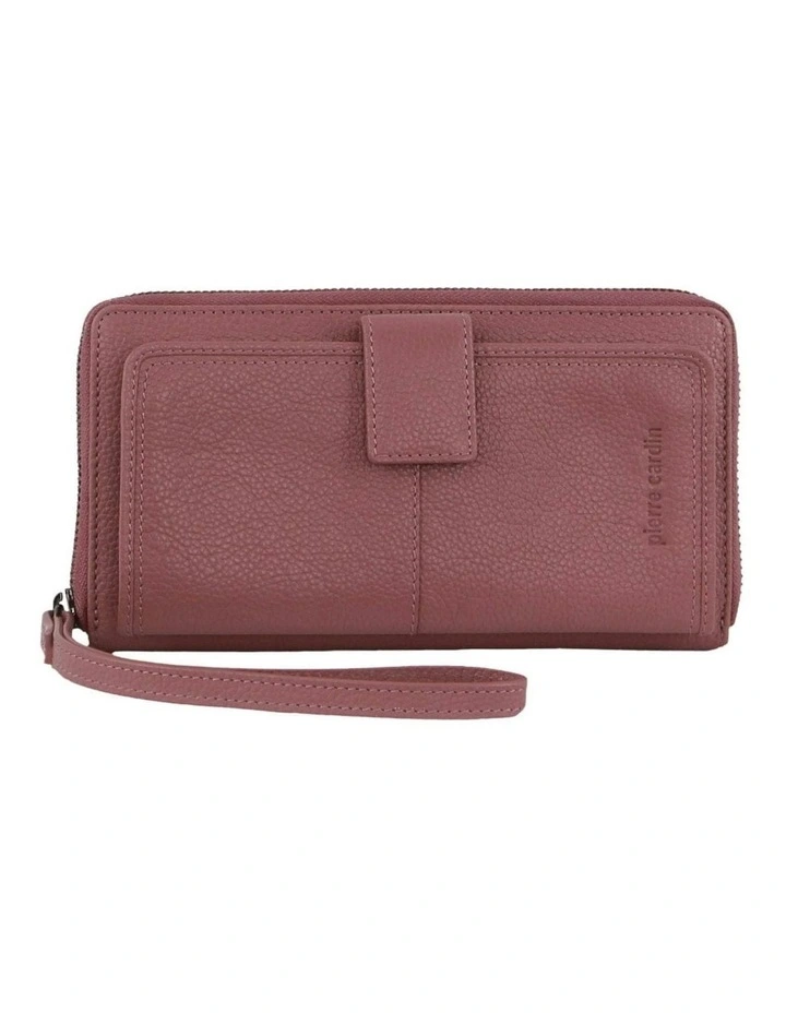 Leather Zip Around Wallet with Wristlet in Rose image 1