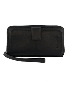 Leather Zip Around Wallet with Wristlet in Black