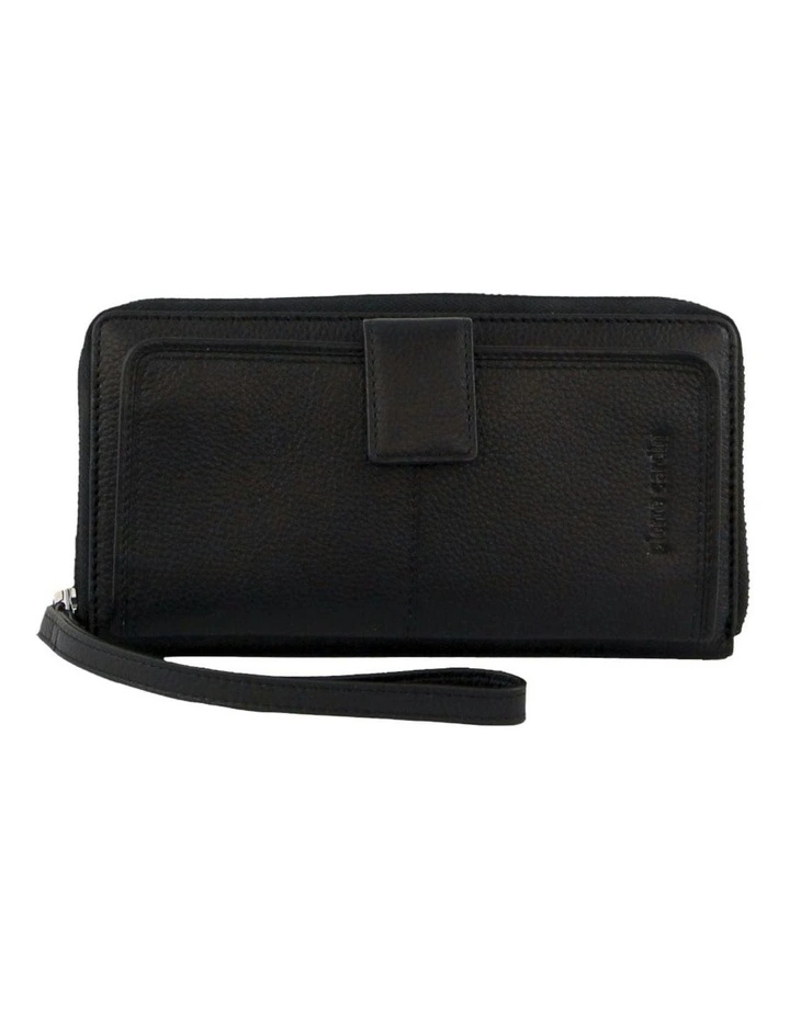 Leather Zip Around Wallet with Wristlet in Black image 1