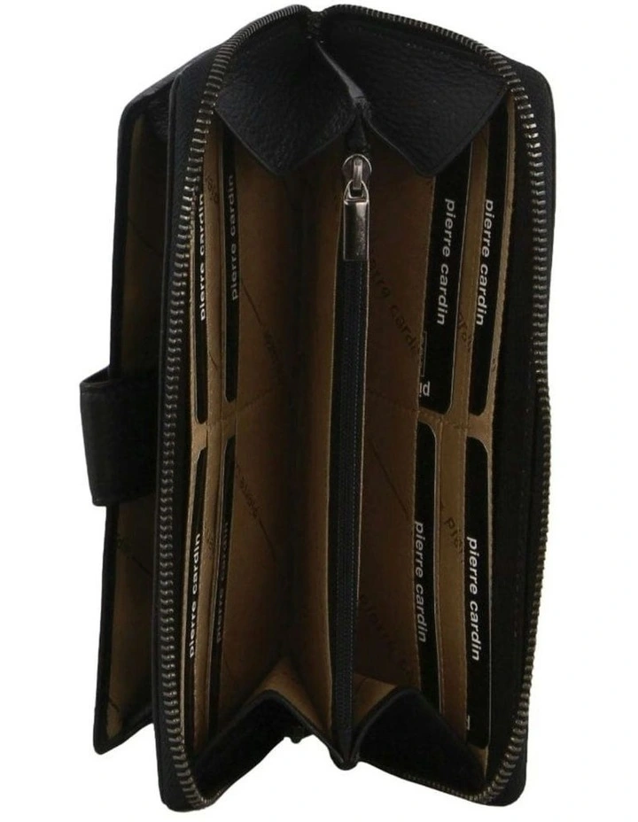 Leather Zip Around Wallet with Wristlet in Black image 2