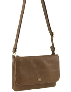 Leather Flap-Over Crossbody Bag in Oak