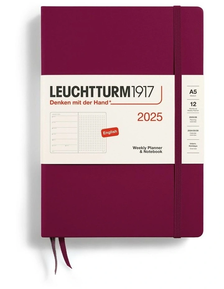Medium (A5) Weekly Planner Dotted Hardcover Notebook 2025 in Port Red image 2