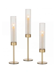 Levede Candle Holder 3Pc Removable Windproof Glass Shade Metal Gold