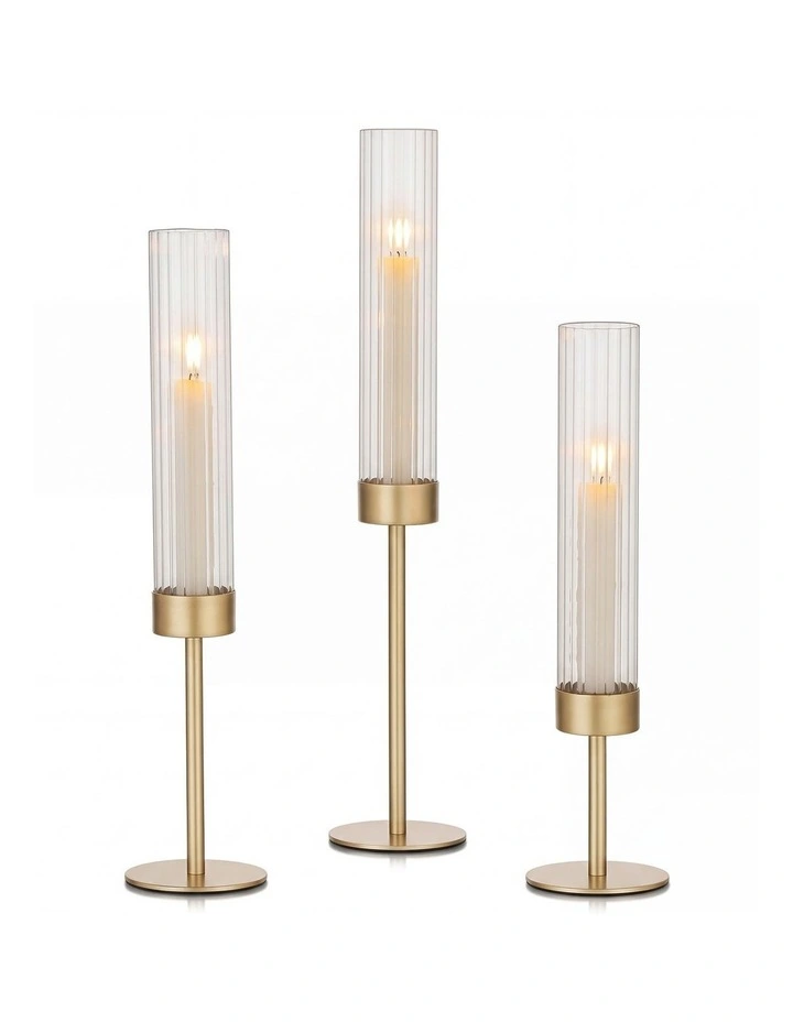 Levede Candle Holder 3Pc Removable Windproof Glass Shade Metal Gold image 1