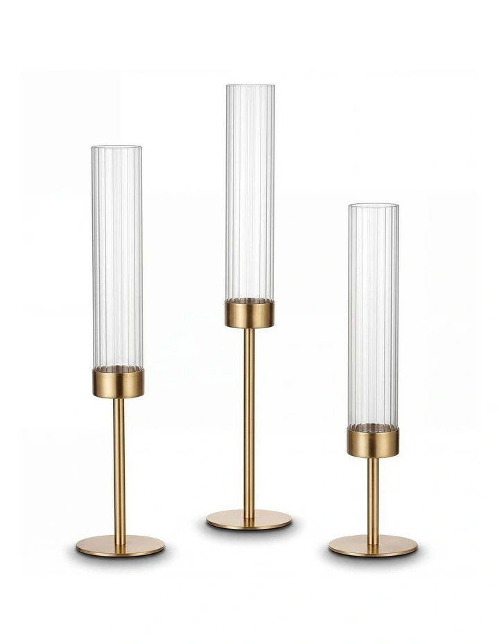 Levede Candle Holder 3Pc Removable Windproof Glass Shade Metal Gold image 2