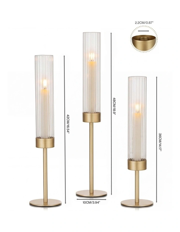 Levede Candle Holder 3Pc Removable Windproof Glass Shade Metal Gold image 3