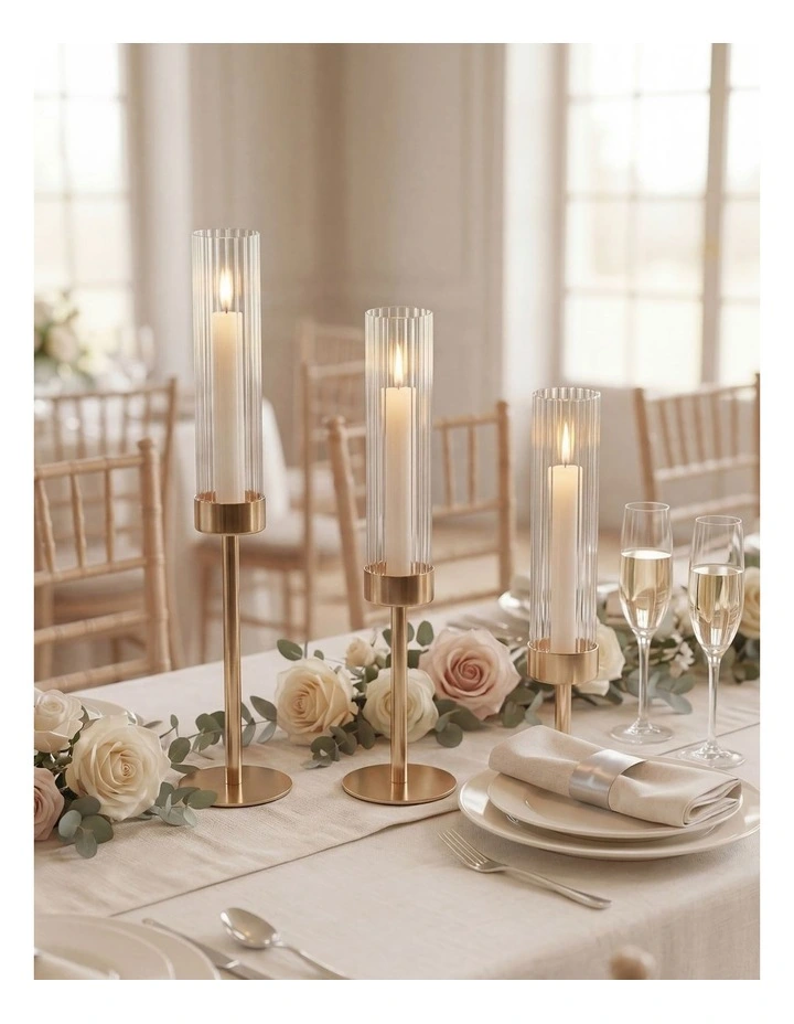 Levede Candle Holder 3Pc Removable Windproof Glass Shade Metal Gold image 4