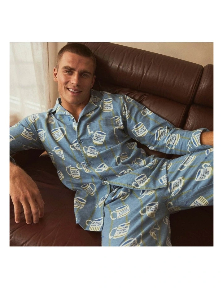 Mens Cuppa Joe Flannel Pyjama Set in Blue image 5