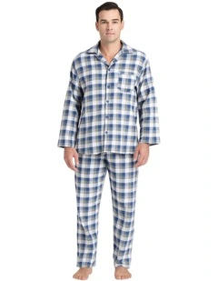 Mens Flannelette Pyjama Set Sleepwear Soft 100% Cotton PJs Two Piece - Light Blue Check