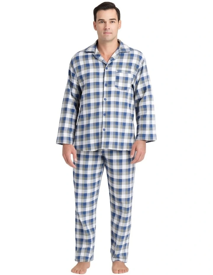 Mens Flannelette Pyjama Set Sleepwear Soft 100% Cotton PJs Two Piece - Light Blue Check image 1