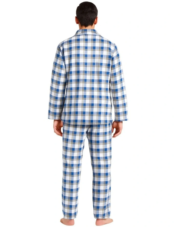 Mens Flannelette Pyjama Set Sleepwear Soft 100% Cotton PJs Two Piece - Light Blue Check image 2